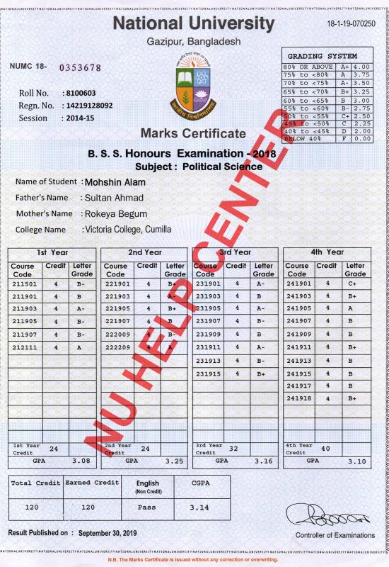 NU Certificate Correction